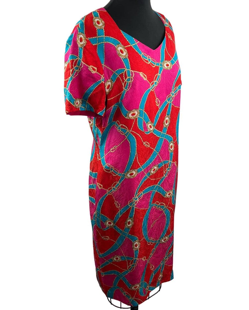 VTG Women's Pink Red Blue Baroque Print Midi Shift Dress Short Sleeve 70s 80s L